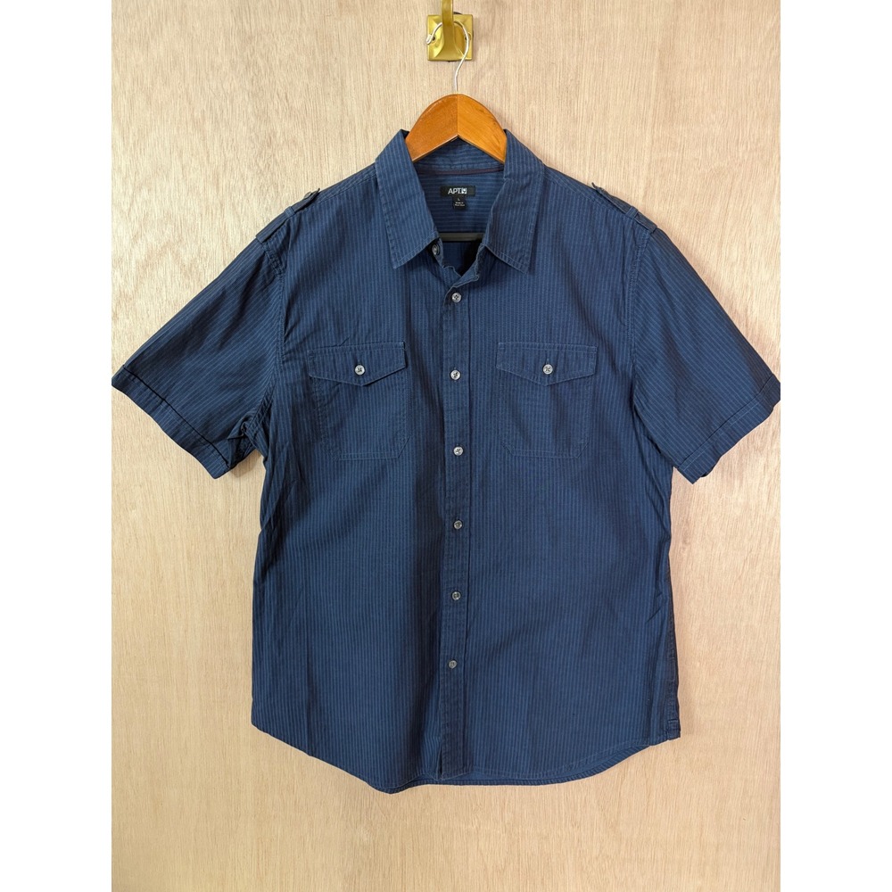 Apt 9 Mens Large Blue Pinstripe Short Sleeve Button Down Utility Shirt Epaulette